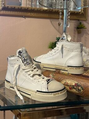 Rebecca White High-Top Sneakers with Sequin Tongue & Love Never Changes Sole 41